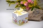 Preview: Explosionsbox Hochzeit ca. 7x7x7cm personalisierbar | Geldgeschenk | Zierschachtel | Motiv: floral | gelb weiß | Art. Nr. 03020008